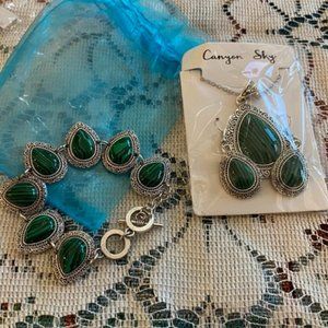 Striated TURQUOISE Silver FILIGREE ~ Lg PENDANT Necklace BRACELET & EARRING Set